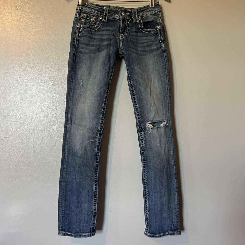 Miss Me Distressed Embroidered Blue Signature Straight Jeans